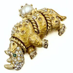 St. John Designer Signed Golden Figural Rhinoceros Encrusted Rhinestones Faux Pe